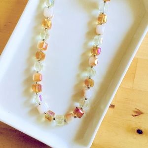 Sparkly Clear and Peach Long Square Beaded Necklace